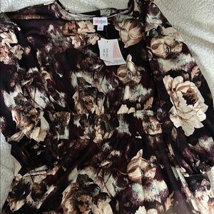 NWT LuLaRoe Evelyn Cream and Brown Ruched Midi Dress with Puff Sleeves